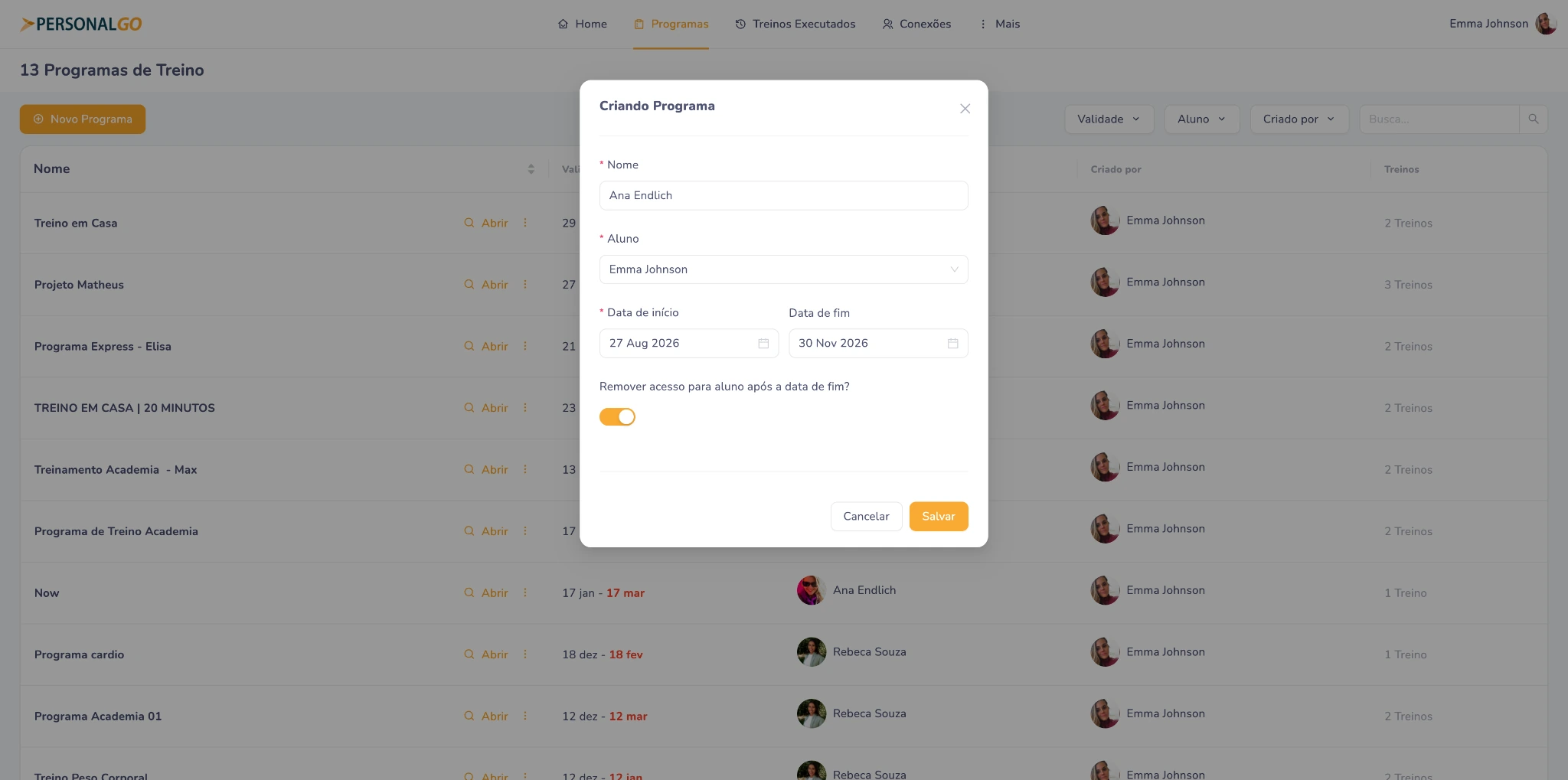 Criação de programa de treino na versão web da PersonalGO